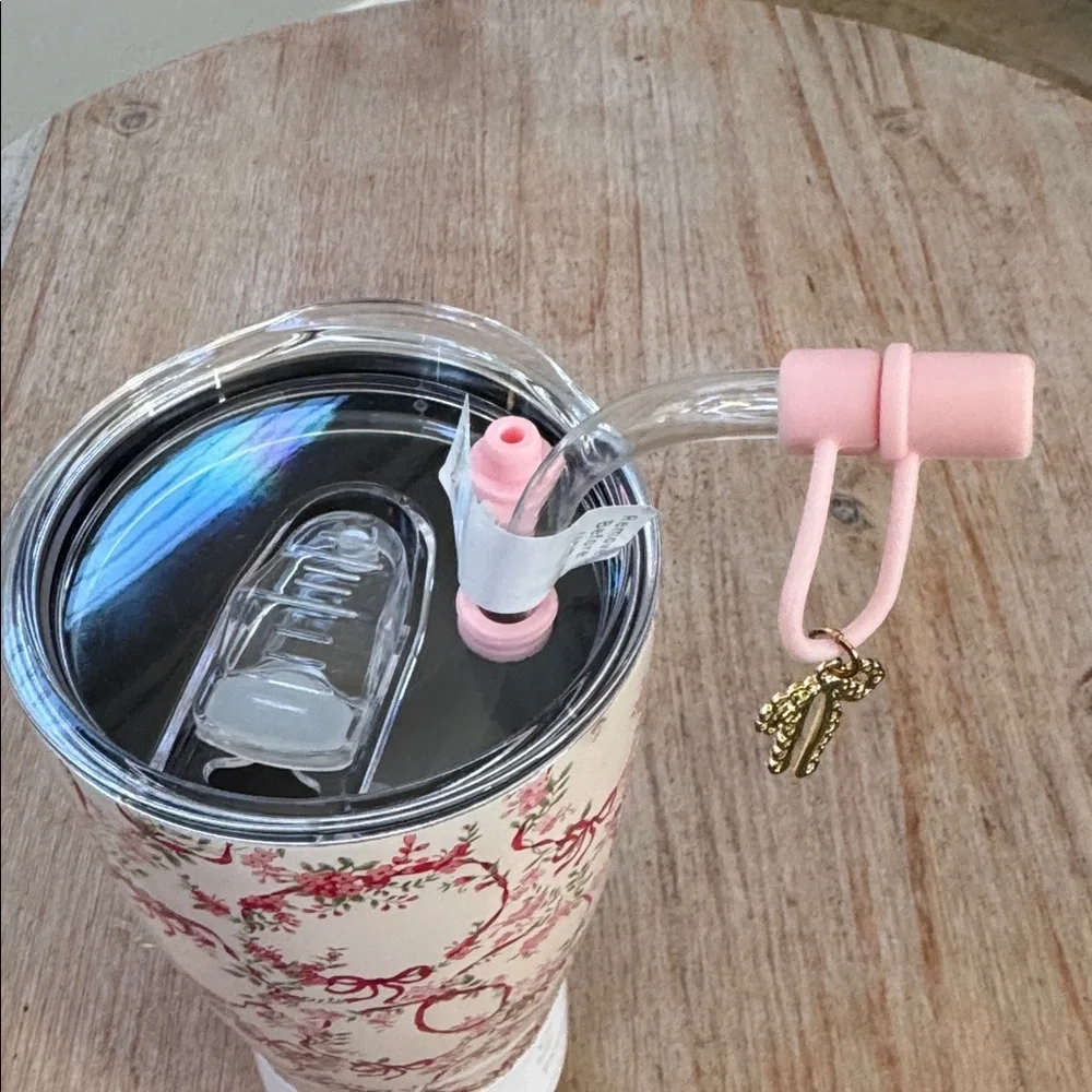 Shabby Chic Light Pink Tumbler with Red bows and flowers . 30oz. - Picture 4 of 5